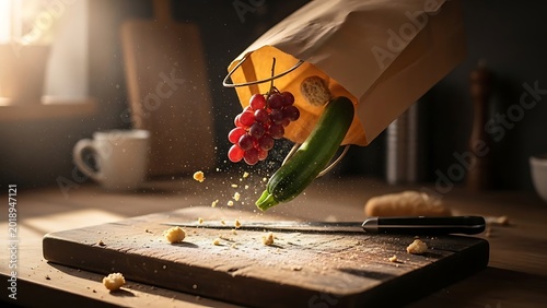 Vegetables spilling from bag onto cutting board