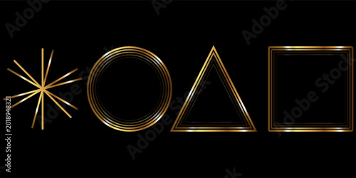 Thin golden frame set. Gold geometric border collection in art deco style. Thin linear shining rectangular shape bundle. Brass glowing shiny boarder element pack for photo, cadre, poster, card. Vector