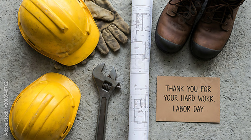 Labor Day Tribute with Construction Hard Hats, Tools and Thank You Card, Labor Day, worker appreciation, construction industry, skilled trades, and blue collar jobs. 