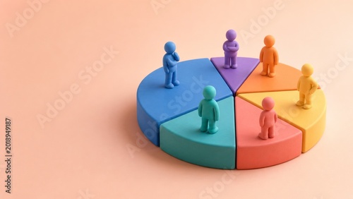 Colorful isometric business segmentation chart with people figures representing market demographics and audience distribution. AI generative