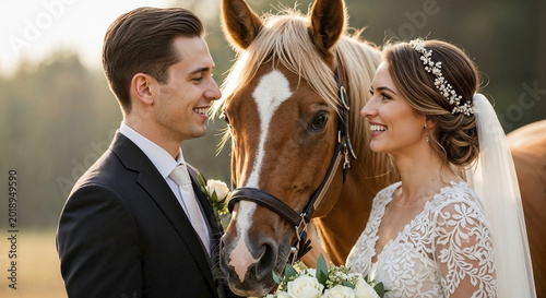 Smiling bride and groom with a horse looking at each other, celebrating wedding day. Newlyweds enjoy rural ceremony, capturing romantic moments with beautiful horse.