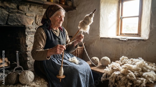 Elderly woman spinning wool with drop spindle in rustic indoor setting  