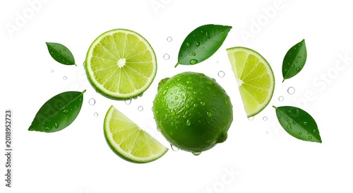 Fresh lime slices and leaves with water droplets isolated on white background