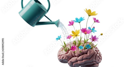 Brain with colorful flowers growing out of it being watered with a green can isolated on white background