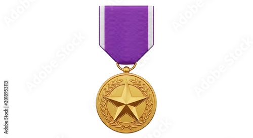 Gold medal with purple ribbon and star design on white background