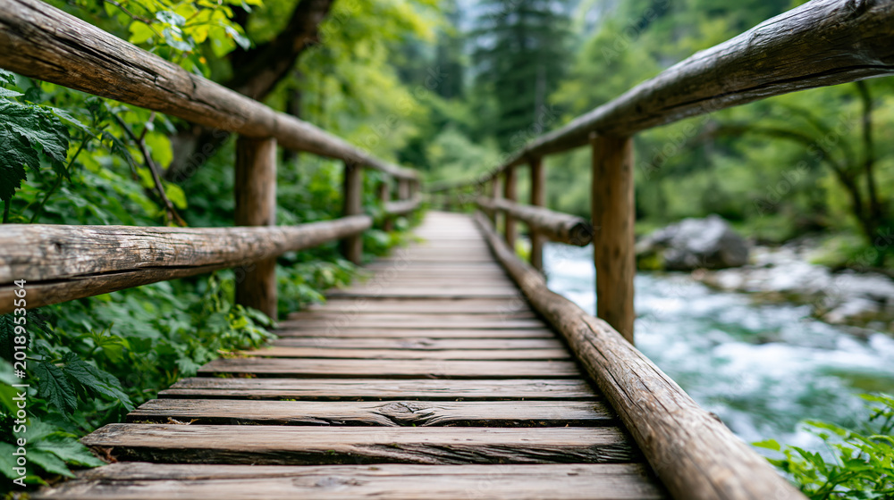 Obraz premium Rear view of a wooden bridge over a canyon river with lush vegetation around it, nature bridge concept, wooden canyon bridge photography, forest river crossing, defocused