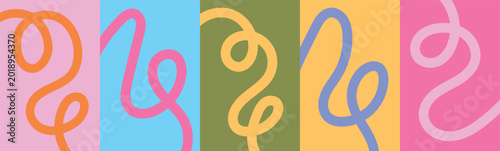 Set of abstract playful minimalistic background with wavy line. Backdrop with organic curvy curly stripe in flat style. Vertical banner with doodle stroke