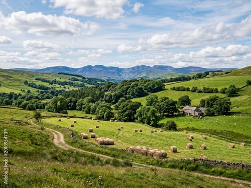 Rolling hills with hay bales in rural countryside landscape under cloudy sky