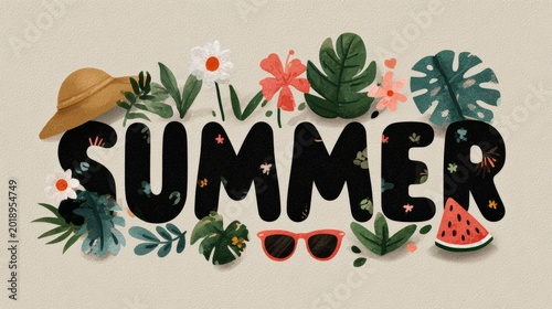 Bold summer typography with tropical foliage and floral accents, trendy seasonal banner, vacation marketing concept, sunny mood.