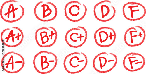 Foto Hand-drawn red ink school grades a, b, c, d, and f with plus and minus symbols i