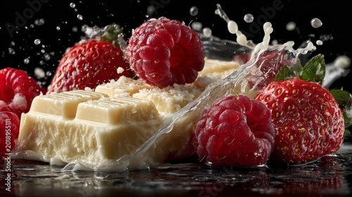 Slice of creamy raspberry cake with fresh berries on dark background, elegant dessert presentation, sweet indulgence concept.