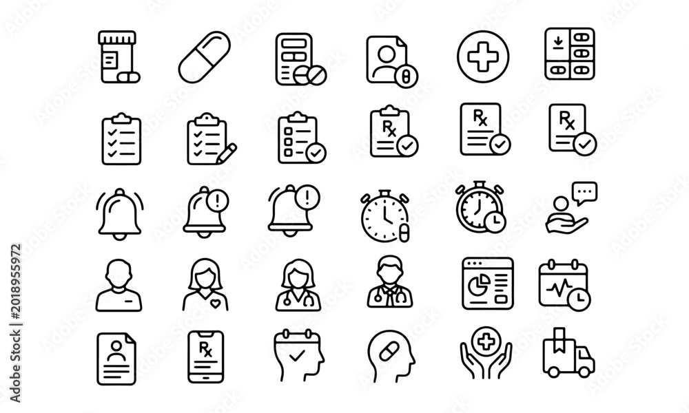 Fototapeta premium Gender Inclusive Patient Care and Medication Adherence Outline Icon Set - Female Patient, Self Management, Health Calculator and Parcel Delivery Line Vector Icons