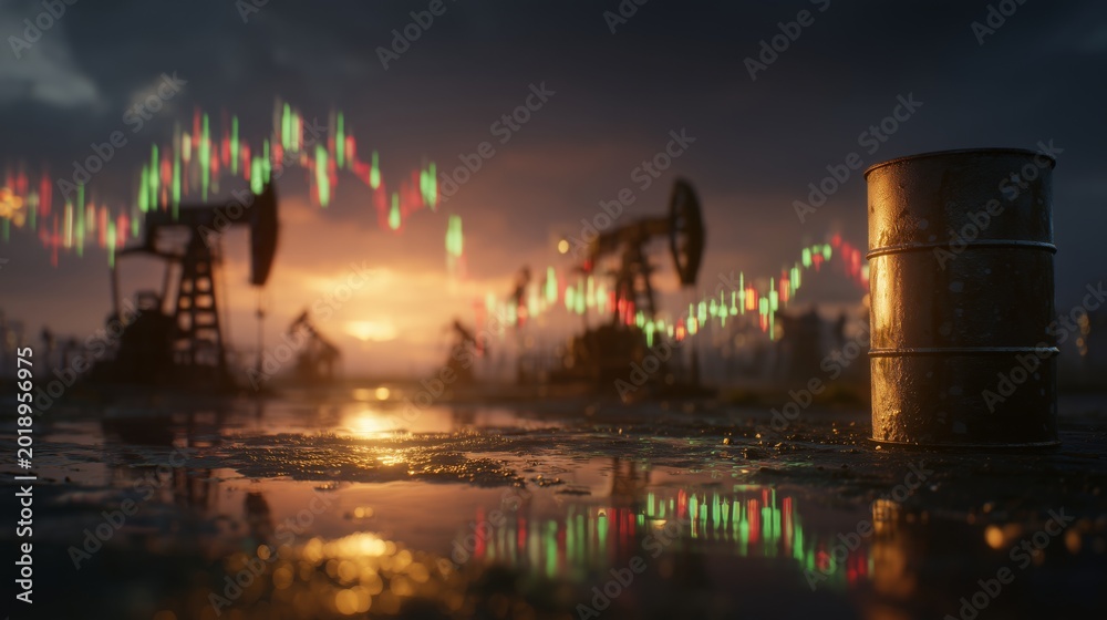 Fototapeta premium oil barrels with oil spill on the ground, oil pump jacks in the background, industrial atmosphere, a rising red stock market chart symbolizing increasing oil prices, Modern economic crisis concept.