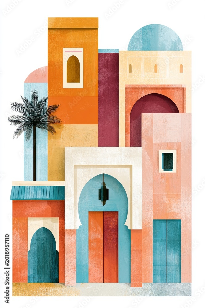Naklejka premium Abstract collage featuring iconic Marrakech architecture with colorful buildings, arches, and palm trees, showcasing the vibrant culture and design of Morocco