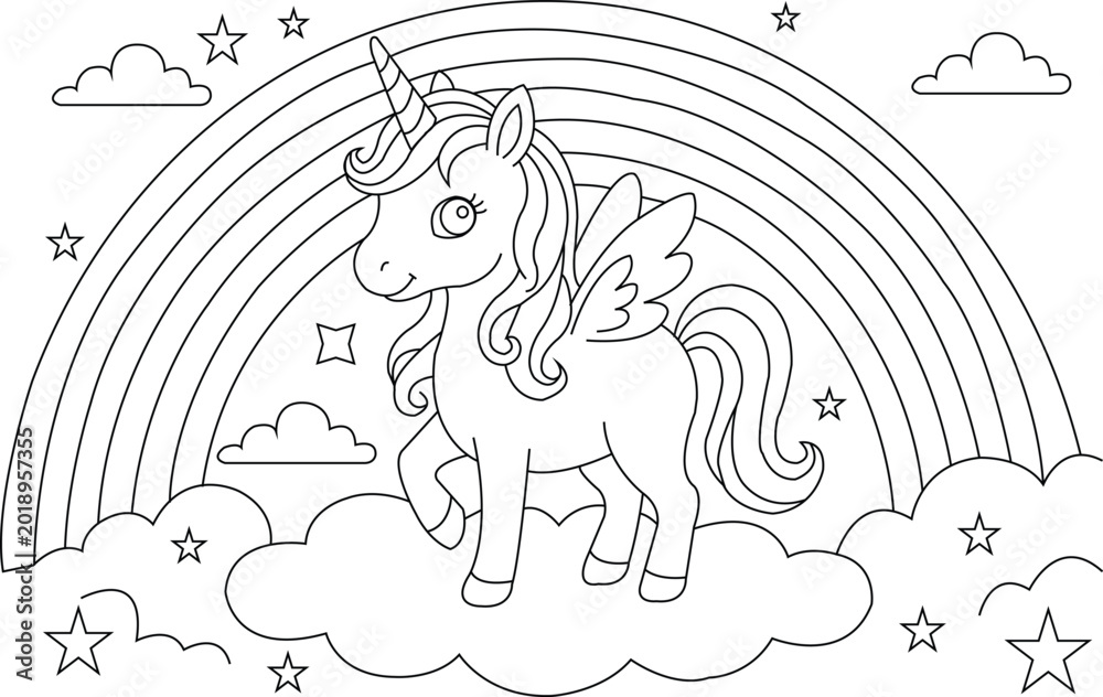 Obraz premium Unicorn with rainbow and clouds black and white line drawing