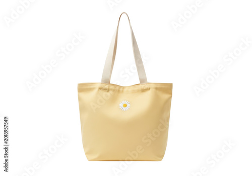 Yellow canvas tote bag with a daisy flower embroidery isolated on transparent background