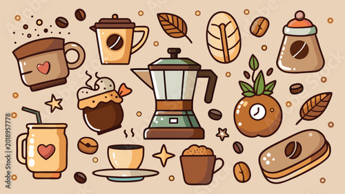 Fotografie Cute coffee related icons and elements, flat design style