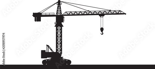 Construction crane, tower crane silhouette, black construction equipment, industrial icon