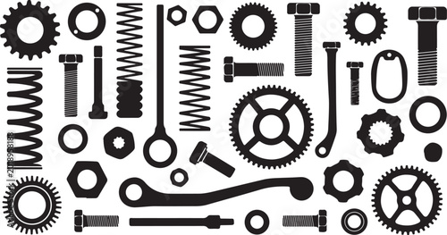 Mechanical parts, gear icons, industrial tools, black silhouette illustrations