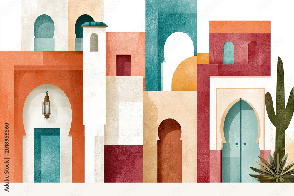 Fototapeta premium Abstract collage of iconic Marrakech architecture featuring colorful buildings, arches, and decorative elements, showcasing the unique design and cultural essence of the region
