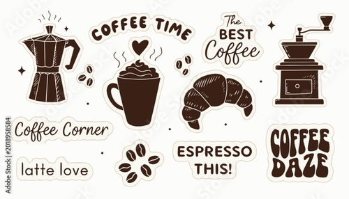 Slika na platnu Modern coffee time sticker set featuring minimalist dark brown illustrations and