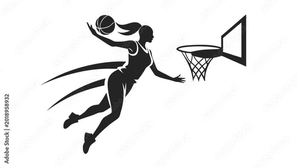 Fototapeta premium Female basketball player making a dynamic jump shot toward the hoop, vector sports illustration