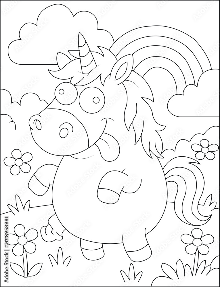 Fototapeta premium Line drawing of a happy unicorn with a rainbow and flowers