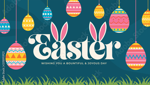Foto Easter greeting with colorful patterned eggs bunny ears and grass wishes for a j