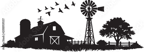 Konstfotografi Silhouette of rural farm scene with barn windmill and flying birds also white ba