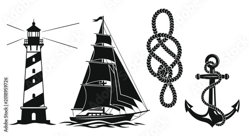 Tableau sur toile Black and white nautical icons set