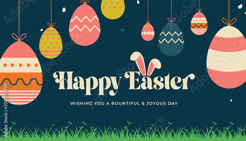 Quadro su tela Happy easter greeting with decorative eggs bunny ears and grass wishes for joyou