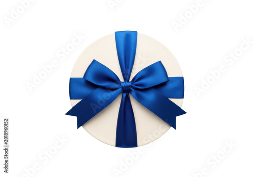 Round gift box with blue ribbon bow isolated on transparent background