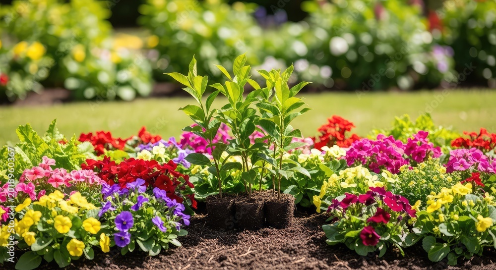 Naklejka premium Lush greenery and blooming petals fill a meticulously designed garden bed as new saplings are settled into rich soil on a bright sunny day, roots, outdoor, aesthetics