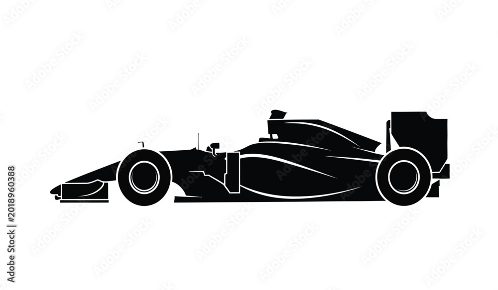 Naklejka premium Formula one racing car side view in black and white silhouette high quality professional detailed modern elegant stylish clean crisp vibrant colorful digital creative