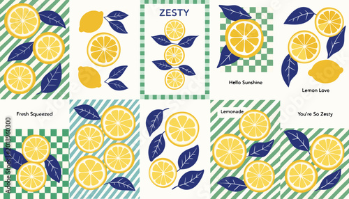 фотографія Collection of lemon illustrations with green stripes and text phrases