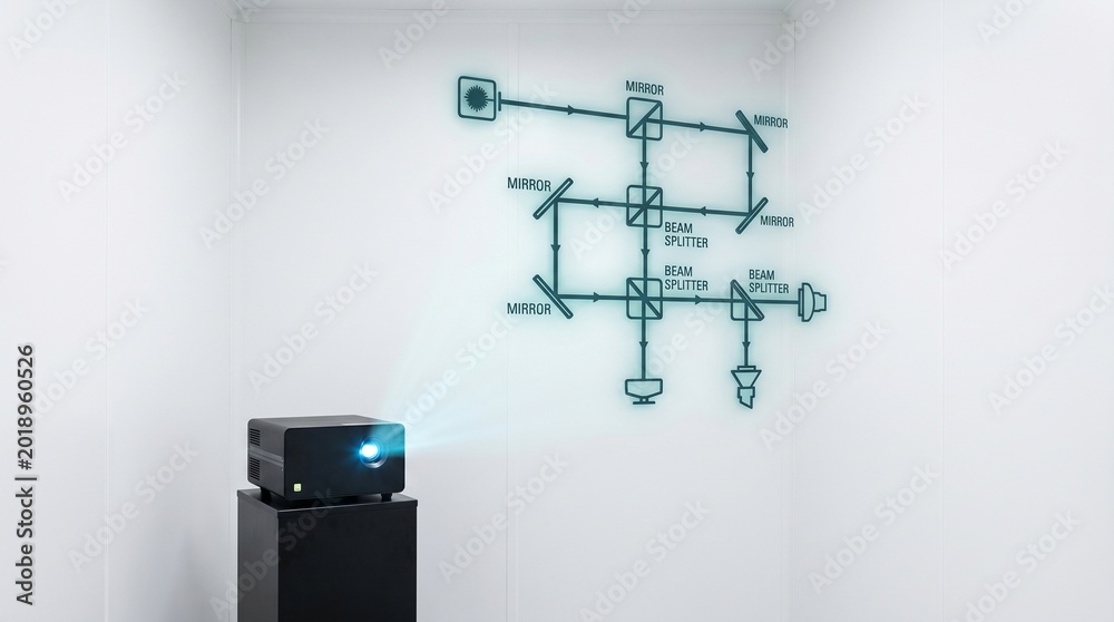Fototapeta premium Laser projector displaying holographic flowchart on wall