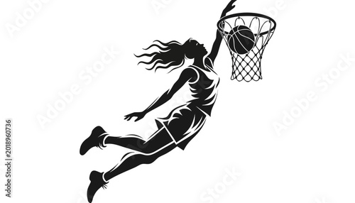 Schilderij op canvas Female basketball player slam dunking in silhouette