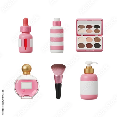 Set of pink and gold makeup bottles and eyeshadow palette