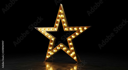 Large illuminated marquee star with light bulbs on black background