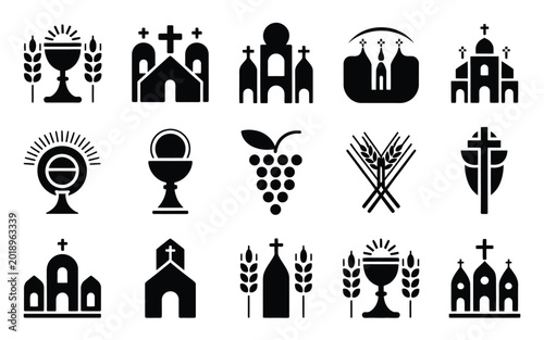 Bild auf Leinwand Black silhouette icons of churches crosses chalices and wheat symbolizing religi