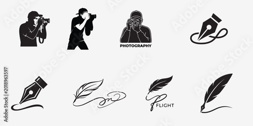 Canvastavla Photography and Creative Writing Icon Set, Minimalist Black Silhouette Illustrat