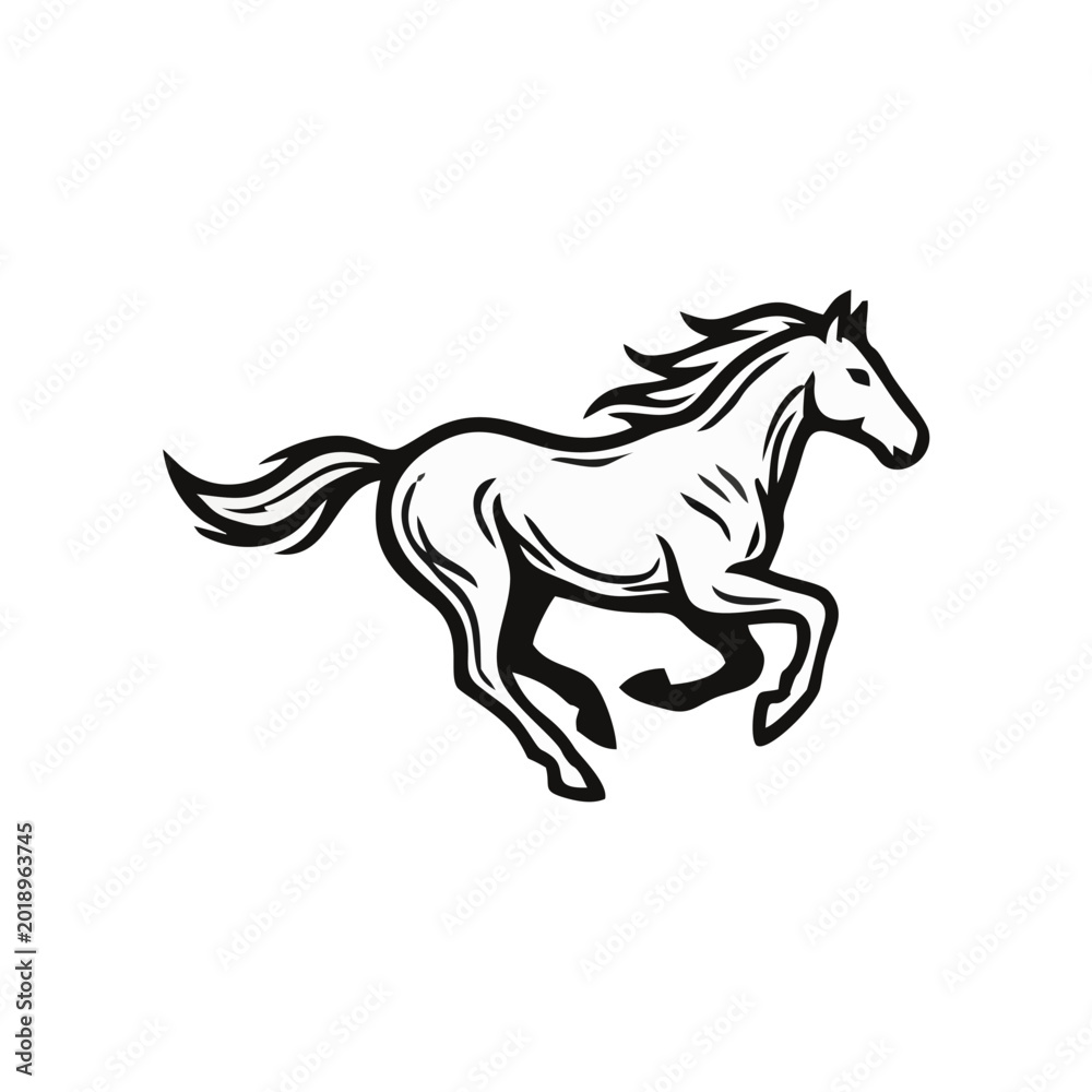 Obraz premium Galloping Wild Horse Silhouette Vector, Minimalist Running Stallion Logo for Equestrian Sports, Ranch Branding, and Dynamic Motion Concepts Isolated on White Background.
