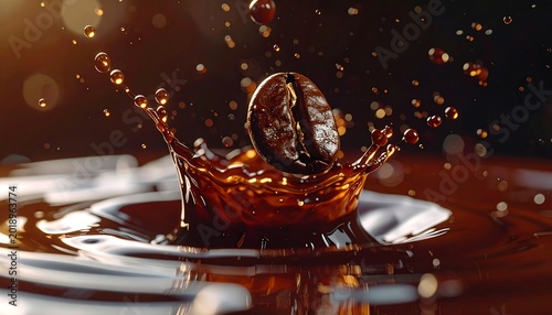 Roasted Coffee Bean Splashing in Dark Liquid with Golden Bokeh Background