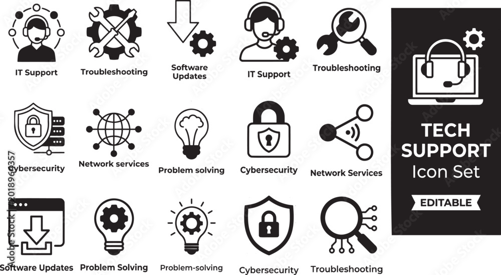 Fototapeta premium Tech support icon set. Includes IT support, troubleshooting, help desk, cybersecurity, system backup, AI assistance, problem solving, and more. Perfect for IT, software, web, apps, and infographics.