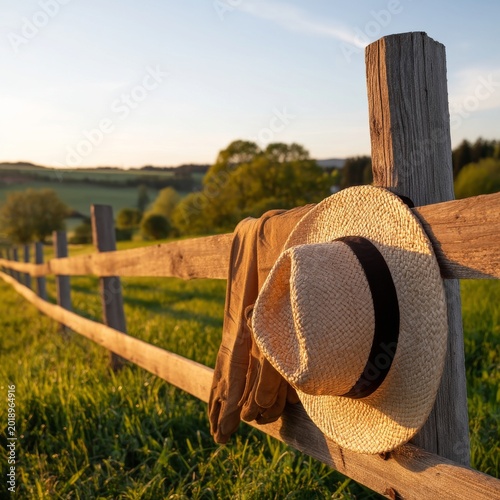 Straw Hat and Gloves Hanging on a Wooden Fence at Sunset in a Rural Area