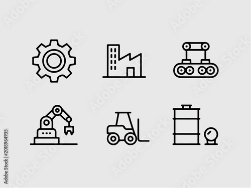 Set of industrial icons including gear factory robot arm forklift and conveyor belt flat vector design for manufacturing and technology concepts