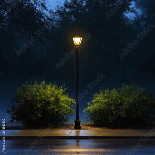 Street Lamp Shines in the Darkness Beside Wet Pavement and Green Bushes Durin...