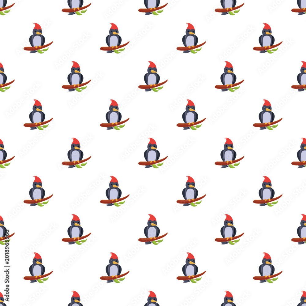 Obraz premium Cute cartoon woodpecker bird sitting on a tree branch repeating pattern