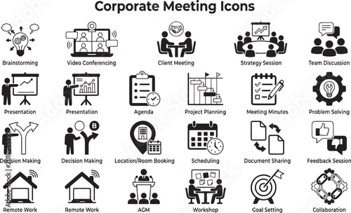 Corporate Meeting solid icon set. Contains symbols for Virtual Meeting, Webinar, Board Meeting, and Strategy Meeting. Flat vector design for corporate presentations and team collaboration.
