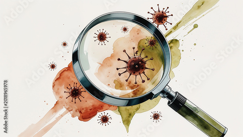 Watercolor illustration of magnifying glass enlarging virus cells - Concept of hantavirus, pandemic, covid, isolation, immunity, alert  